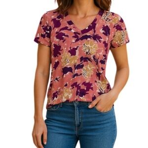 ANN TAYLOR Factory Floral Sweater Mauve Purple Tan Short Sleeve Scoop Neck M